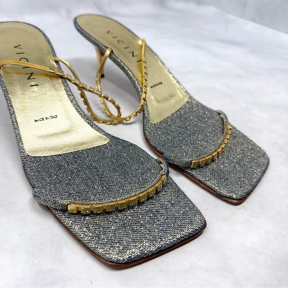 NEW Vicini by Giuseppe Zanotti Glitter Denim Low Kitten Heel Mule Sandal Gold 40 - Picture 6 of 16